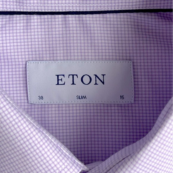 Eton Slim Fit Micro Check Dress Shirt Men's 38/15 Light Purple Spread Collar L/S - Picture 7 of 8